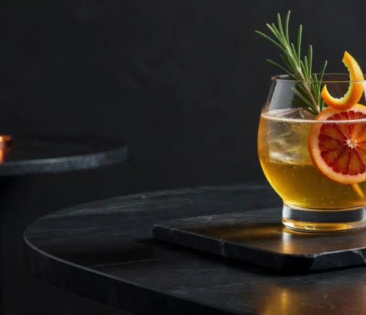 Close-up of an elevated alcohol-free cocktail on a dark bar