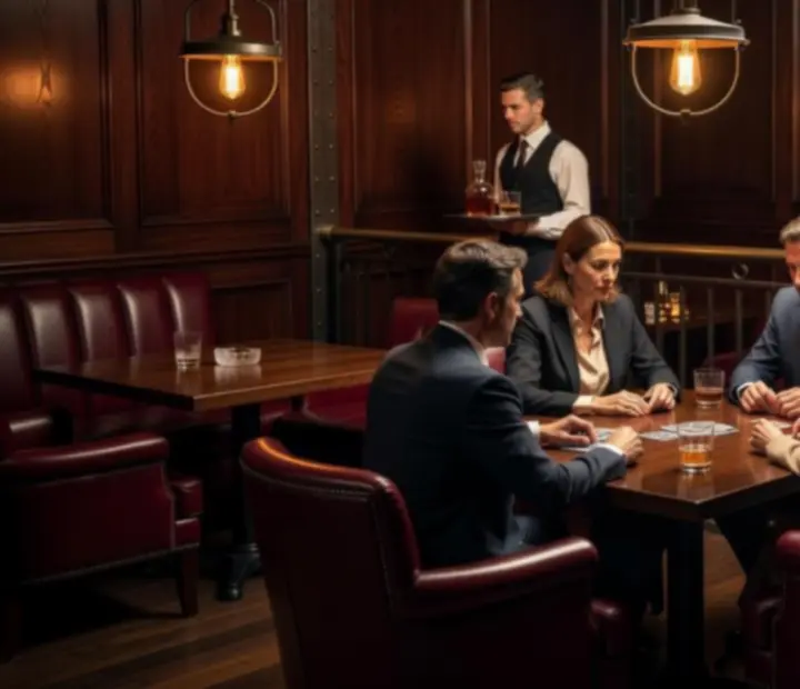 The Cleaver Room card lounge with low lighting and guests playing cards
