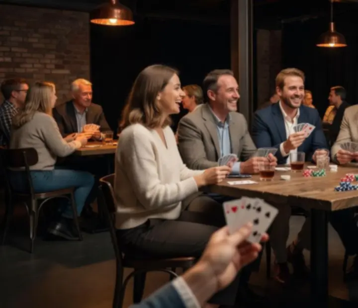 Guests enjoying face-to-face card games in The Cleaver Room under ember-toned lighting