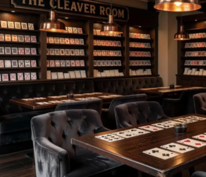 The Cleaver Room upstairs card lounge with vintage tables and ember-lit timber surfaces
