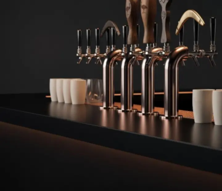 Row of curated microbrew taps against a dark bar backdrop