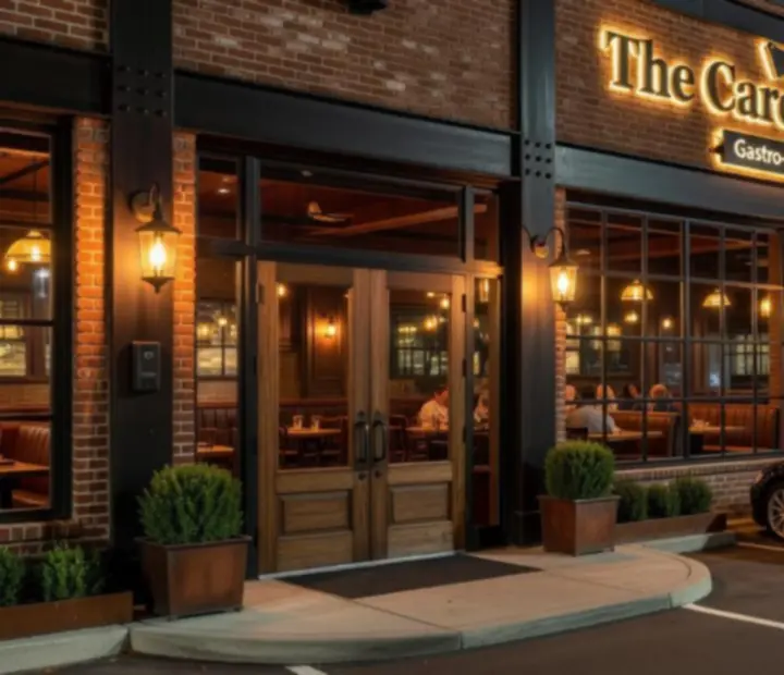 Exterior of The Card & Cleaver at night with nearby parking