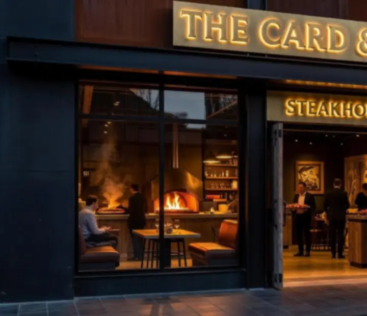 The Card & Cleaver steakhouse glowing at night with warm industrial lighting