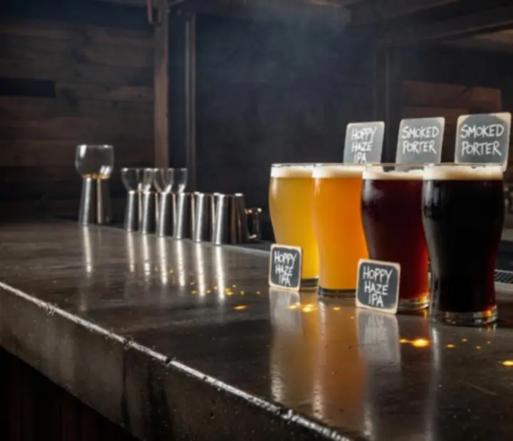 Glasses of beer and wine arranged on a dark bar counter
