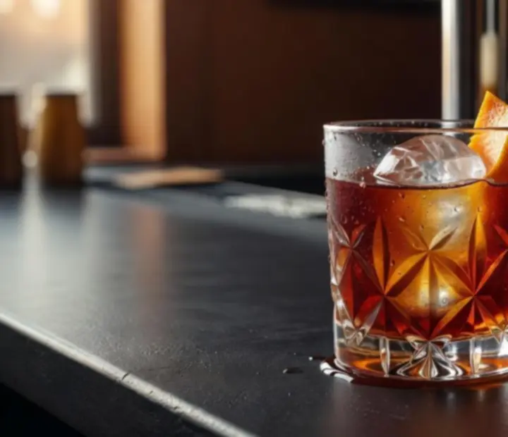 Signature cocktails and local microbrews on a dark bar counter inside The Cleaver Room