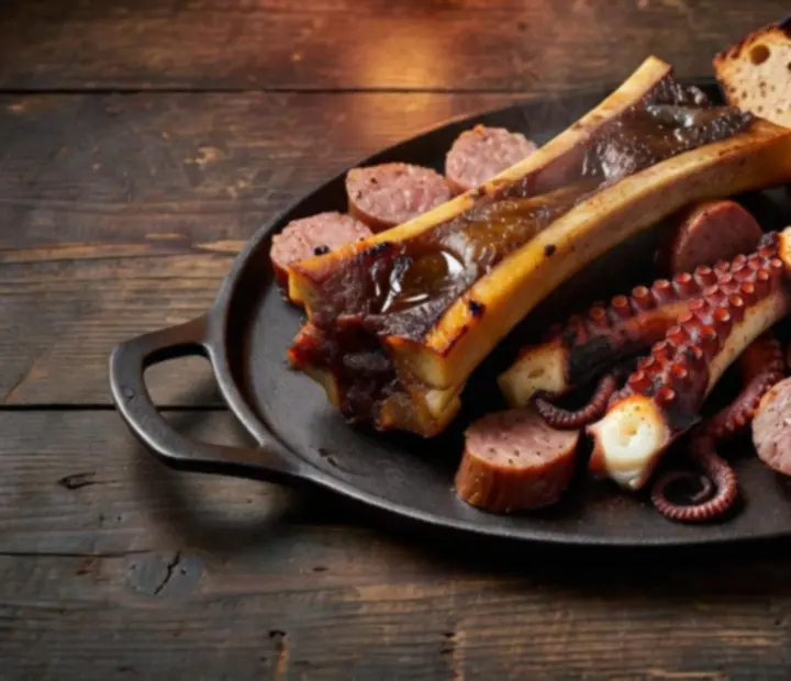 Smokehouse appetisers including charred octopus and bone marrow on a dark table