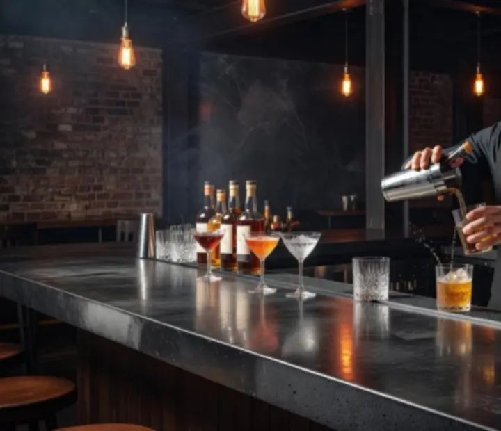 Signature cocktails being prepared at a dark, industrial smokehouse bar